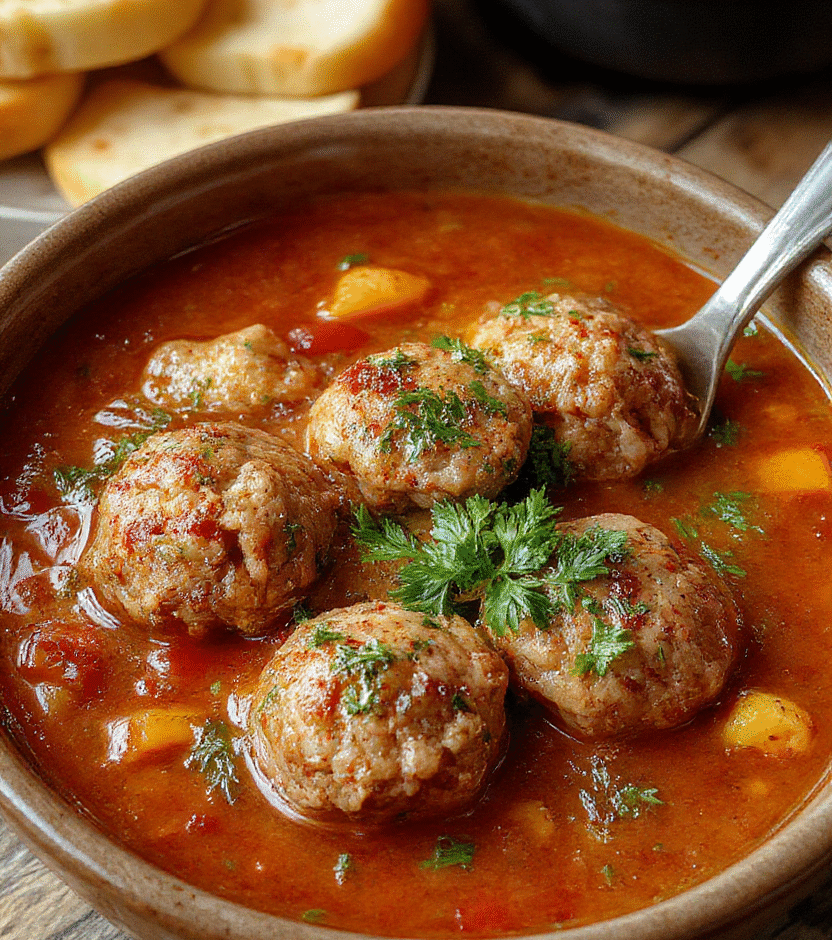A steaming bowl of Italian meatball soup with tender meatballs, fresh herbs, and vegetables in a clear broth, topped with grated cheese, served on a rustic wooden table with a spoon and a sprig of basil.