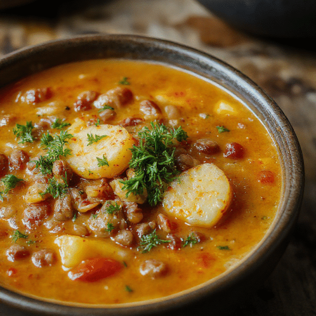 A rustic bowl filled with thick, hearty lentil and potato soup featuring vibrant orange lentils, creamy potatoes, and fresh herbs, garnished with a swirl of cream and chopped parsley, set on a wooden table with a warm, inviting atmosphere