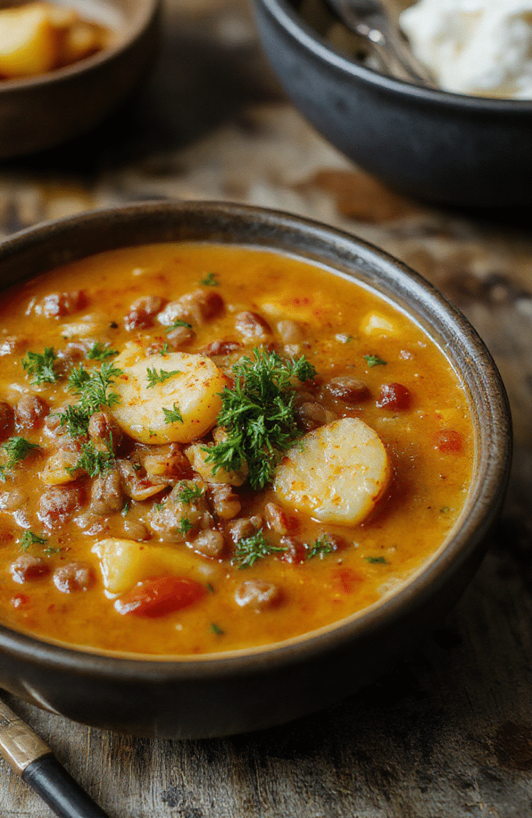 A rustic bowl filled with thick, hearty lentil and potato soup featuring vibrant orange lentils, creamy potatoes, and fresh herbs, garnished with a swirl of cream and chopped parsley, set on a wooden table with a warm, inviting atmosphere