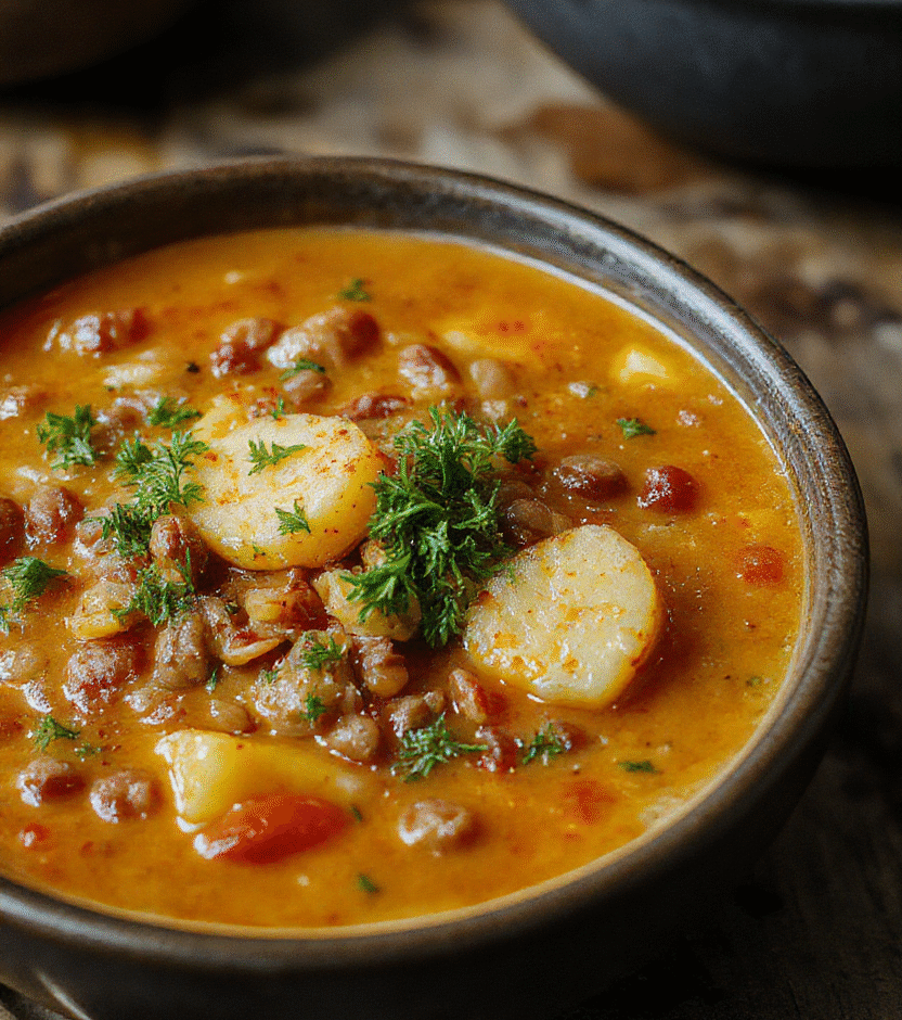 A rustic bowl filled with thick, hearty lentil and potato soup featuring vibrant orange lentils, creamy potatoes, and fresh herbs, garnished with a swirl of cream and chopped parsley, set on a wooden table with a warm, inviting atmosphere