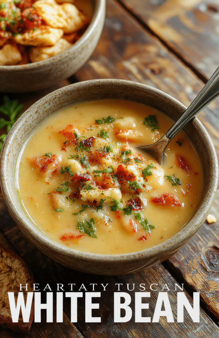 A vibrant bowl of Tuscan white bean soup featuring creamy white beans, aromatic herbs, and leafy greens, served in a rustic white bowl on a wooden table, with a sprinkle of olive oil and freshly chopped parsley, showcasing a hearty and inviting texture with a rich broth that glistens under natural light, styled simply for a cozy feel.
