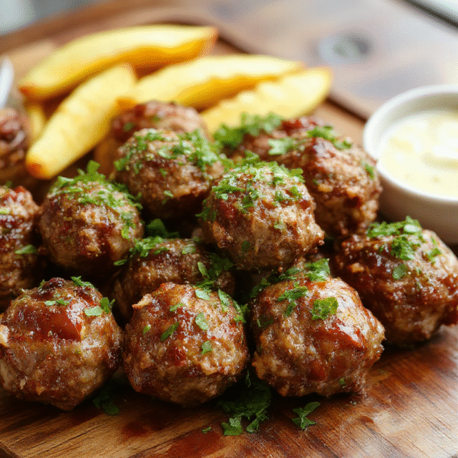 A close-up of juicy garlic butter beef bites in a rustic white bowl, garnished with fresh herbs, set on a wooden table with a neutral background. The beef has a caramelized, crispy exterior and tender interior, with a glossy garlic butter sauce coating each piece. The presentation is inviting, emphasizing textures and rich colors, styled simply for a homely feel.
