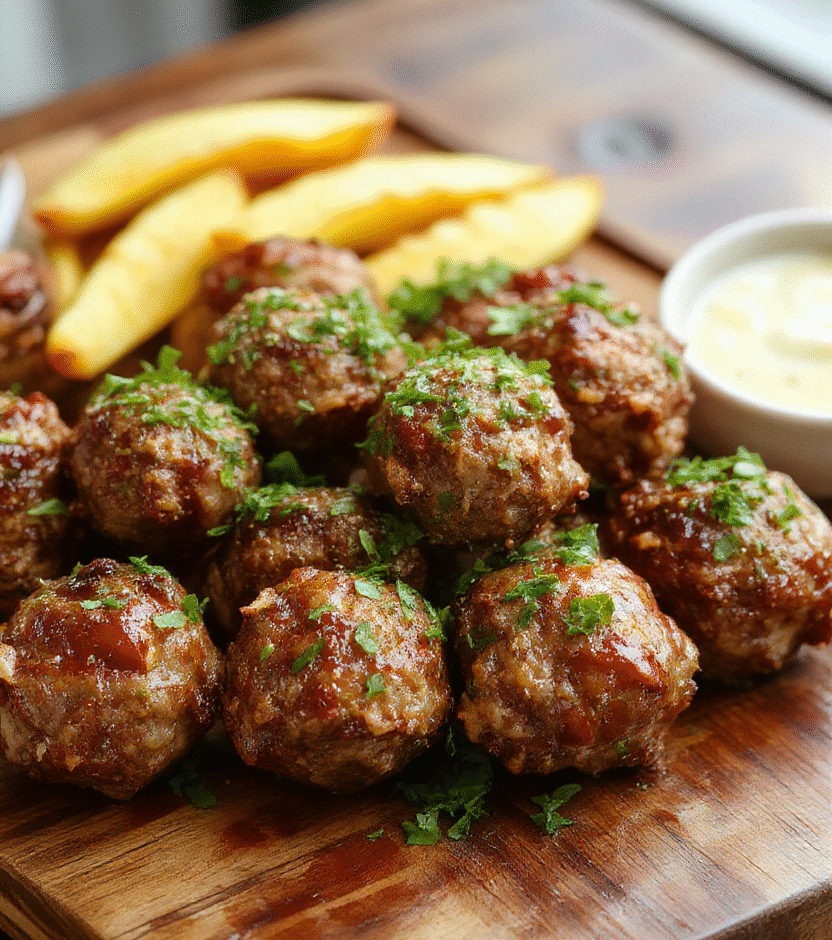 A close-up of juicy garlic butter beef bites in a rustic white bowl, garnished with fresh herbs, set on a wooden table with a neutral background. The beef has a caramelized, crispy exterior and tender interior, with a glossy garlic butter sauce coating each piece. The presentation is inviting, emphasizing textures and rich colors, styled simply for a homely feel.