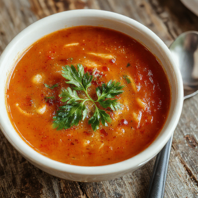 A vibrant bowl of homemade tomato soup garnished with fresh basil, surrounded by slices of crusty bread on a rustic wooden table, colorful and inviting textures