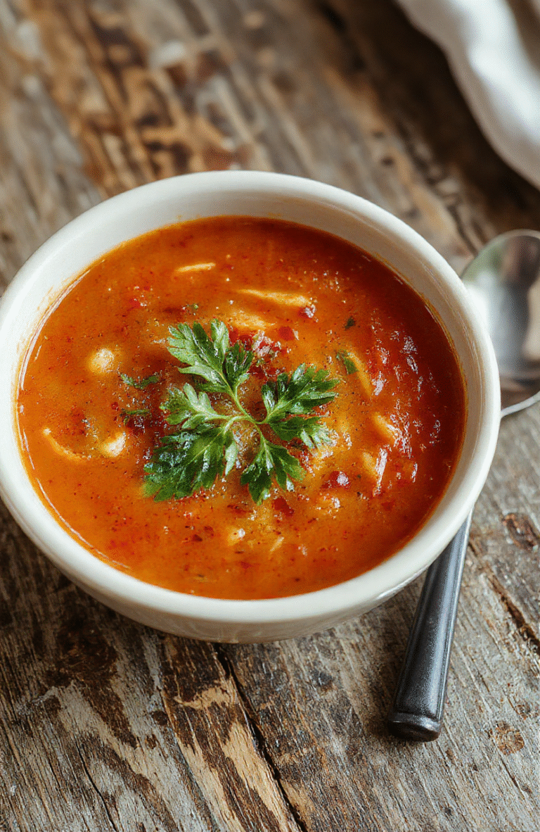 A vibrant bowl of homemade tomato soup garnished with fresh basil, surrounded by slices of crusty bread on a rustic wooden table, colorful and inviting textures