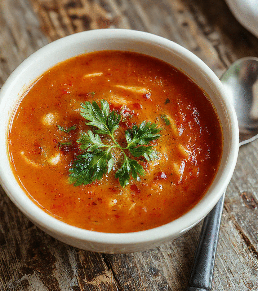 A vibrant bowl of homemade tomato soup garnished with fresh basil, surrounded by slices of crusty bread on a rustic wooden table, colorful and inviting textures