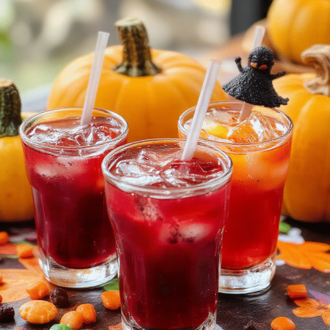 A vibrant Halloween-themed drink spread featuring colorful, whimsical beverages in spooky glasses with fun garnishes, set on a dark themed table with pumpkins and candy in the background, capturing a festive and playful atmosphere.