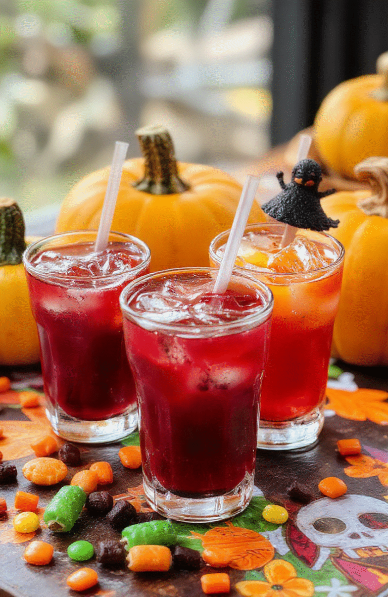 A vibrant Halloween-themed drink spread featuring colorful, whimsical beverages in spooky glasses with fun garnishes, set on a dark themed table with pumpkins and candy in the background, capturing a festive and playful atmosphere.
