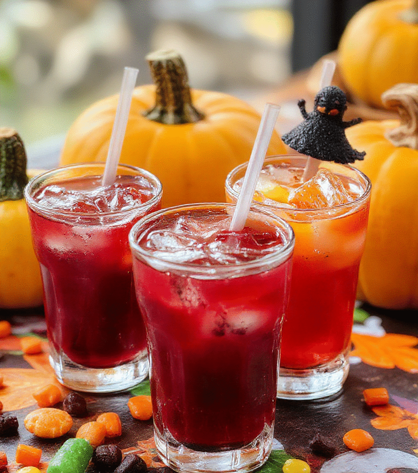 A vibrant Halloween-themed drink spread featuring colorful, whimsical beverages in spooky glasses with fun garnishes, set on a dark themed table with pumpkins and candy in the background, capturing a festive and playful atmosphere.