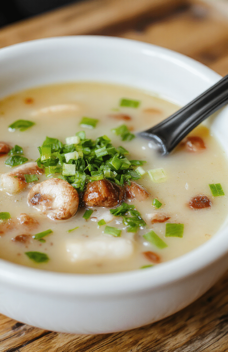 A steaming bowl of transparent Japanese clear soup with delicate green onions, gently floating slices of mushrooms, and tender tofu cubes, served in a minimalist white bowl on a light wooden surface with soft natural daylight highlighting the vibrant colors and textures.