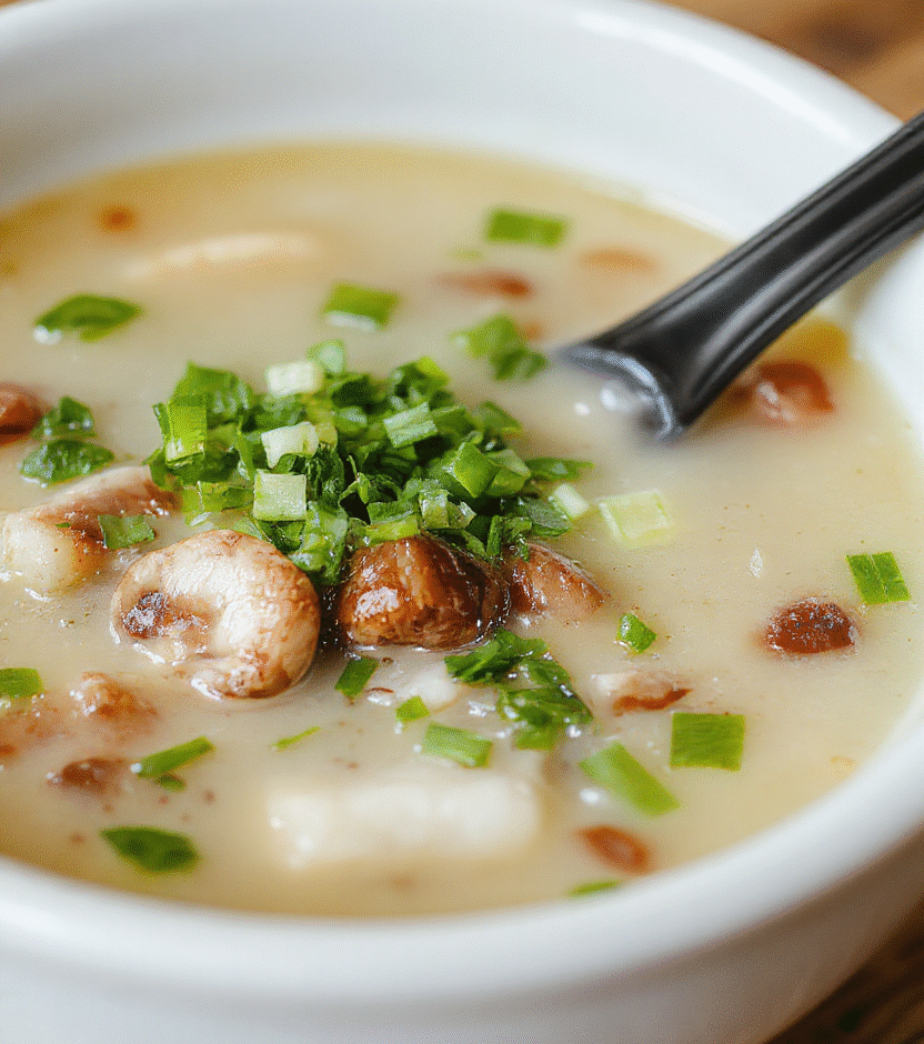 A steaming bowl of transparent Japanese clear soup with delicate green onions, gently floating slices of mushrooms, and tender tofu cubes, served in a minimalist white bowl on a light wooden surface with soft natural daylight highlighting the vibrant colors and textures.