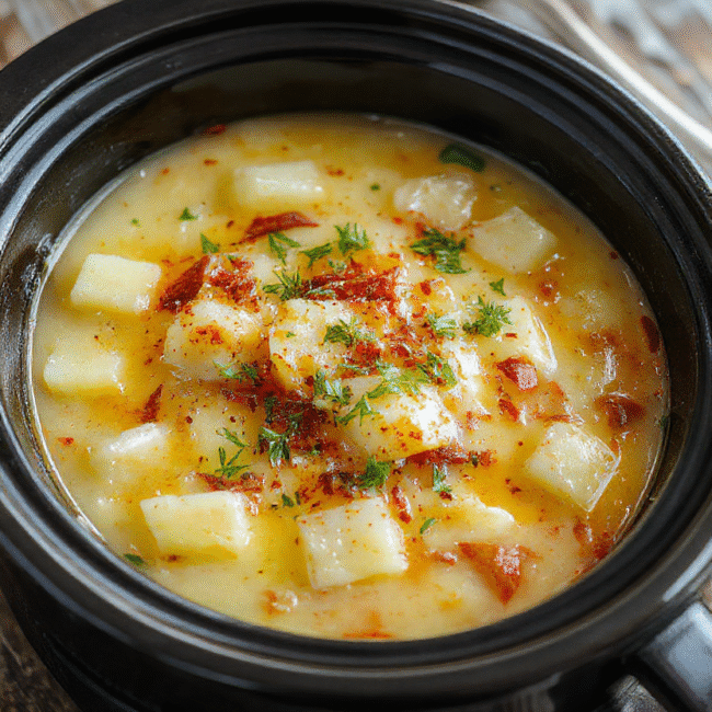 A creamy bowl of loaded crockpot potato soup topped with shredded cheese, crispy bacon bits, chopped green onions, and dollops of sour cream, with a rustic wooden table background showing a spoon and fresh ingredients like potatoes and herbs.