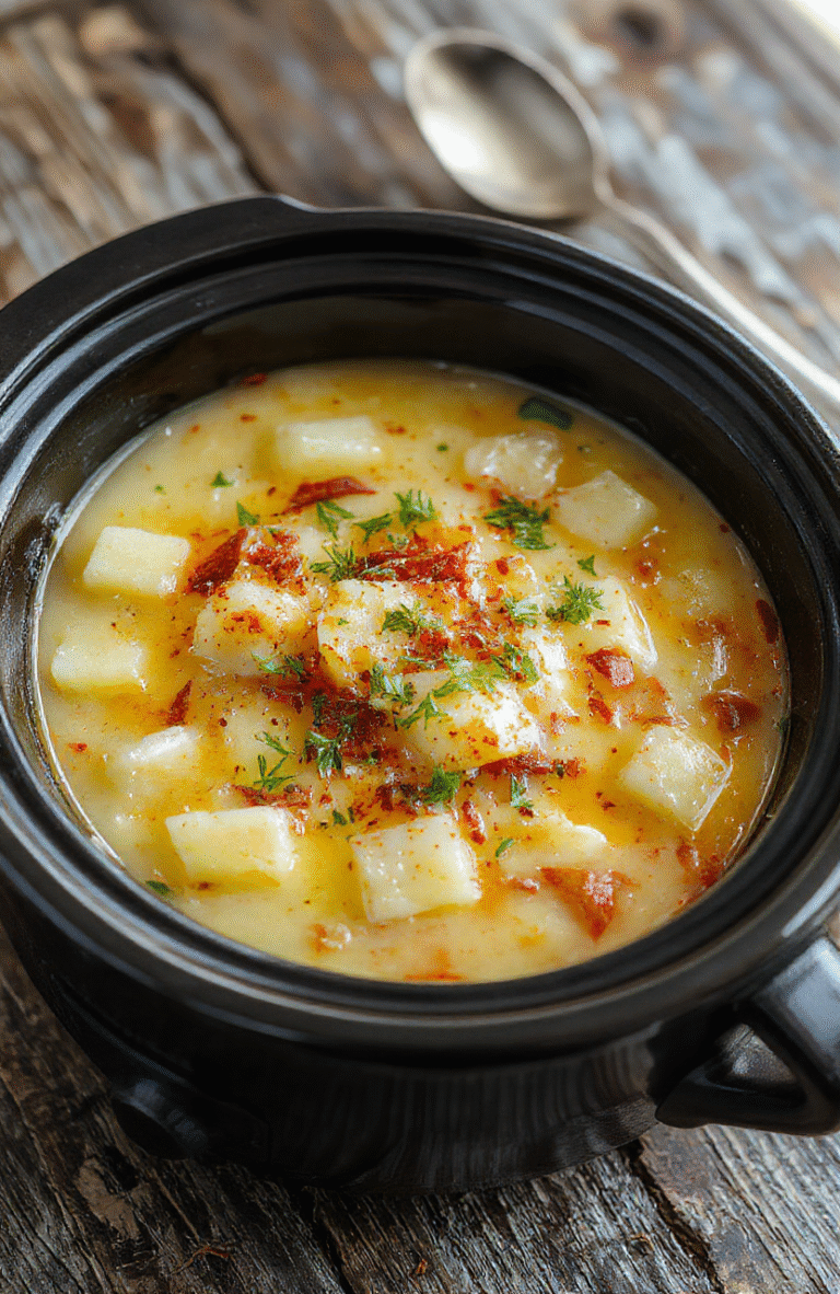A creamy bowl of loaded crockpot potato soup topped with shredded cheese, crispy bacon bits, chopped green onions, and dollops of sour cream, with a rustic wooden table background showing a spoon and fresh ingredients like potatoes and herbs.