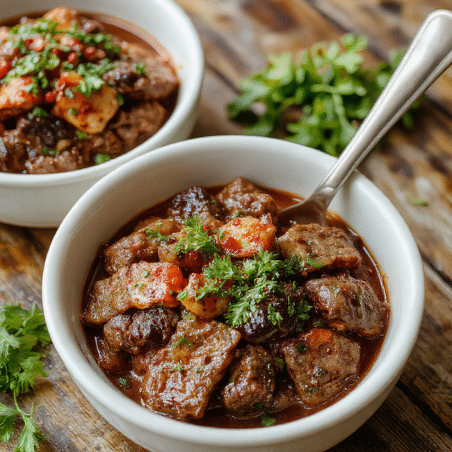 Colorful Mediterranean steak bowls featuring sliced grilled steak, cherry tomatoes, cucumbers, red onion, olives, and feta cheese arranged beautifully on a white plate, garnished with chopped herbs. The vibrant ingredients contrast with the rustic wooden table background, showcasing textures from tender meat to crunchy vegetables, styled with a drizzle of olive oil and lemon wedges for a fresh, appetizing look.