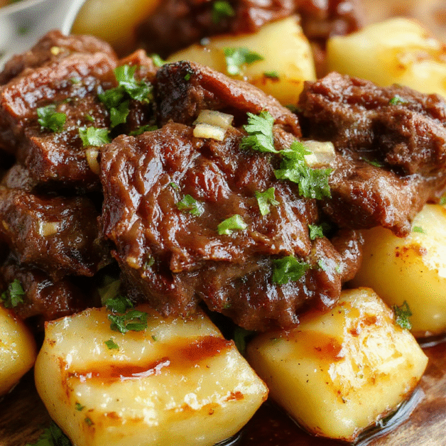 A close-up of tender beef bites glazed with garlic butter sauce, served alongside crispy roasted potatoes, garnished with fresh herbs, on a rustic wooden table.
