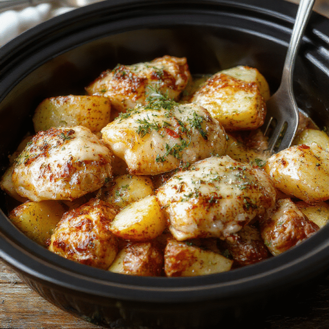 A steaming bowl of tender garlic parmesan crockpot chicken with golden roasted potatoes, garnished with fresh herbs, served on a rustic wooden table with a slight sheen, textures of crispy potatoes and juicy chicken visible, styled simply with a white napkin and silver fork.