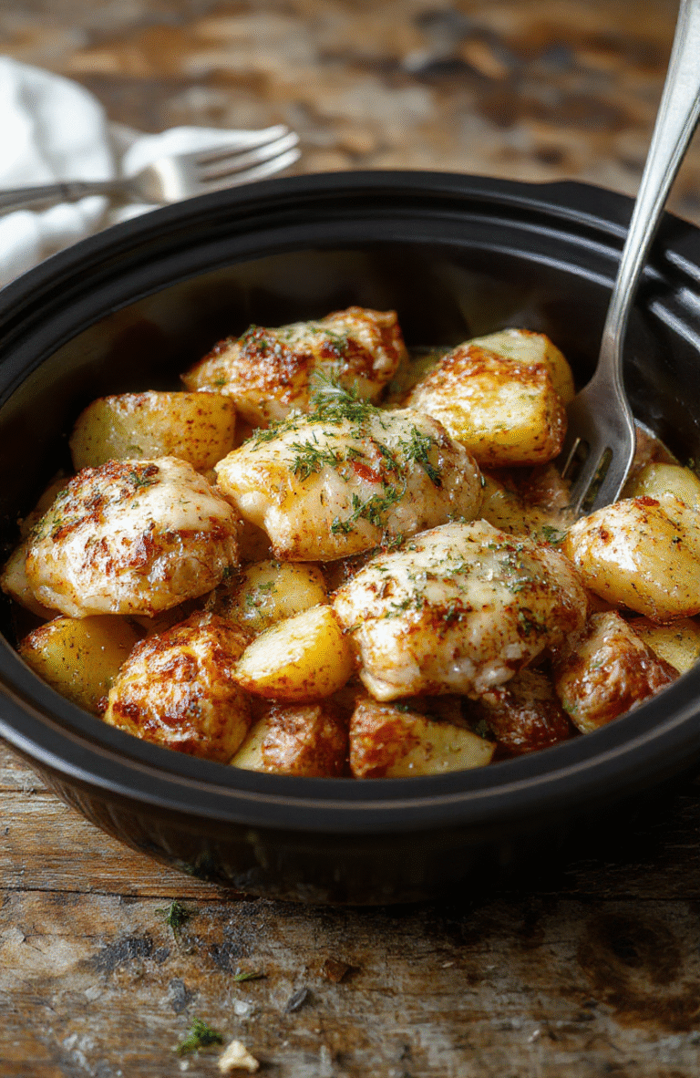 A steaming bowl of tender garlic parmesan crockpot chicken with golden roasted potatoes, garnished with fresh herbs, served on a rustic wooden table with a slight sheen, textures of crispy potatoes and juicy chicken visible, styled simply with a white napkin and silver fork.