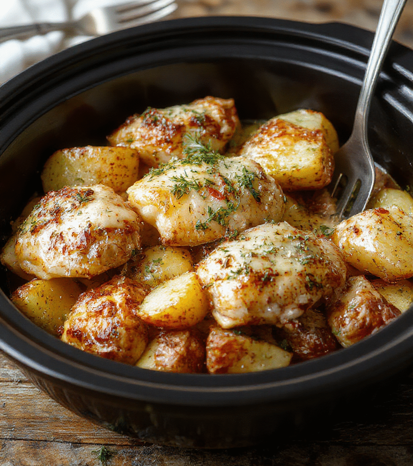 A steaming bowl of tender garlic parmesan crockpot chicken with golden roasted potatoes, garnished with fresh herbs, served on a rustic wooden table with a slight sheen, textures of crispy potatoes and juicy chicken visible, styled simply with a white napkin and silver fork.