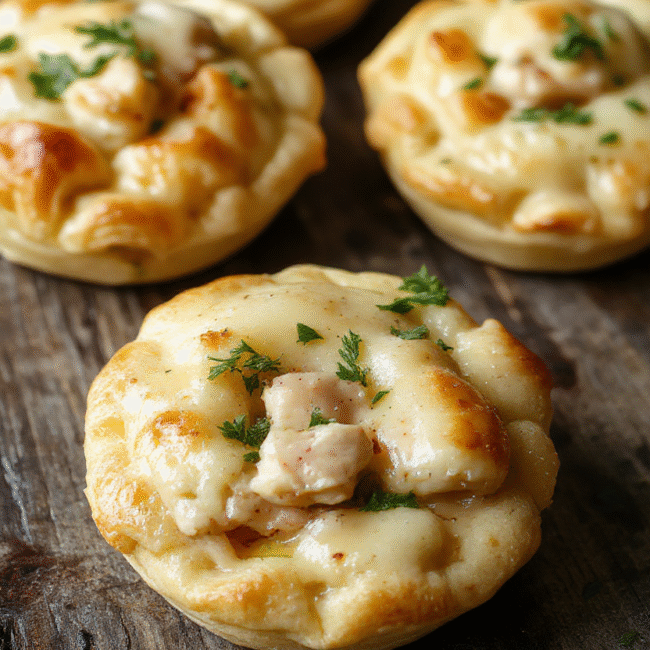 Colorful plate of mini chicken pot pies with golden flaky crust, bubbling filling of chicken, vegetables, and creamy gravy, styled on a rustic wooden table with garnishes of chopped herbs
