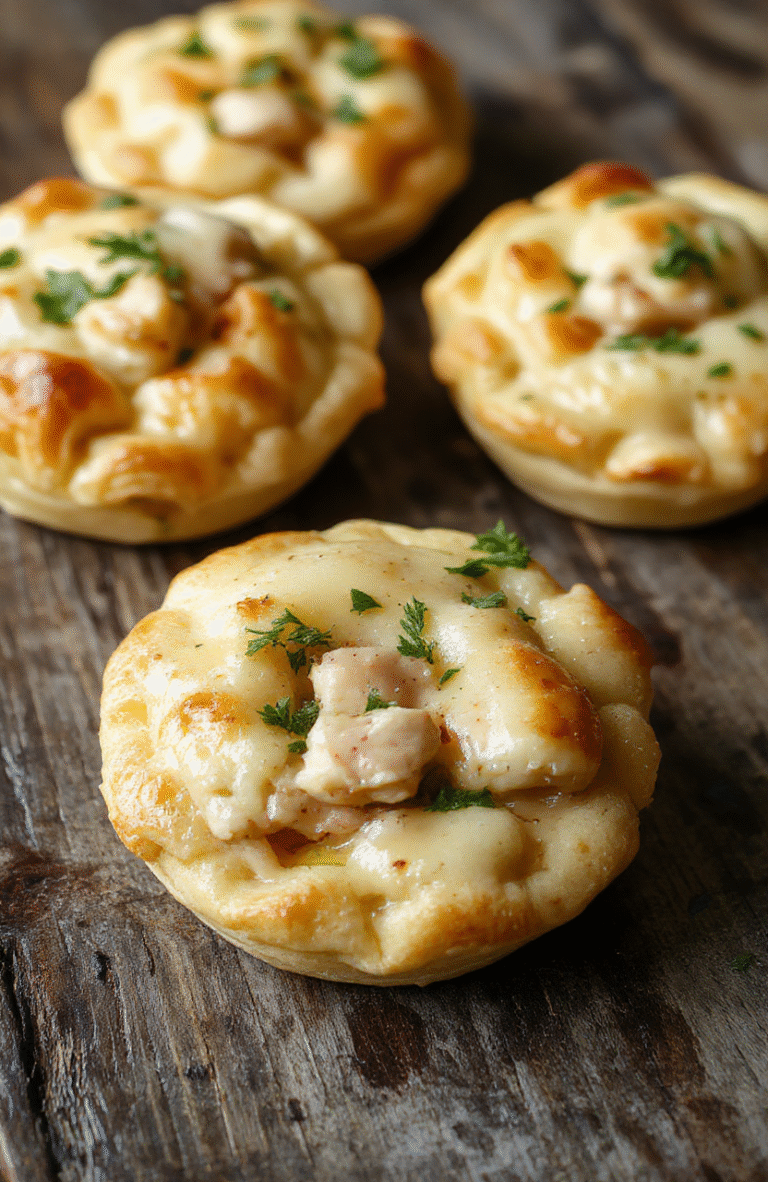 Colorful plate of mini chicken pot pies with golden flaky crust, bubbling filling of chicken, vegetables, and creamy gravy, styled on a rustic wooden table with garnishes of chopped herbs
