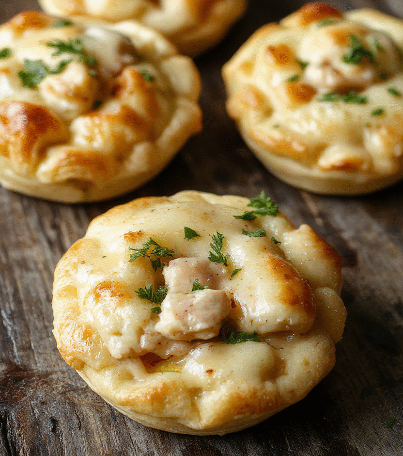 Colorful plate of mini chicken pot pies with golden flaky crust, bubbling filling of chicken, vegetables, and creamy gravy, styled on a rustic wooden table with garnishes of chopped herbs