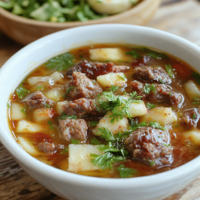 A vibrant bowl of hearty vegetable beef soup featuring chunks of tender beef, colorful carrots, celery, potatoes, and peas, garnished with fresh herbs, all served in a rustic bowl on a wooden table with a cozy kitchen background.
