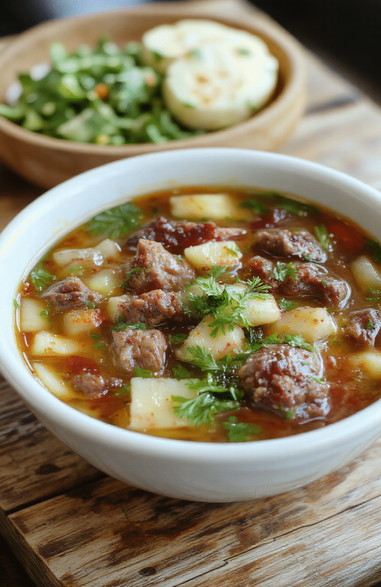 A vibrant bowl of hearty vegetable beef soup featuring chunks of tender beef, colorful carrots, celery, potatoes, and peas, garnished with fresh herbs, all served in a rustic bowl on a wooden table with a cozy kitchen background.