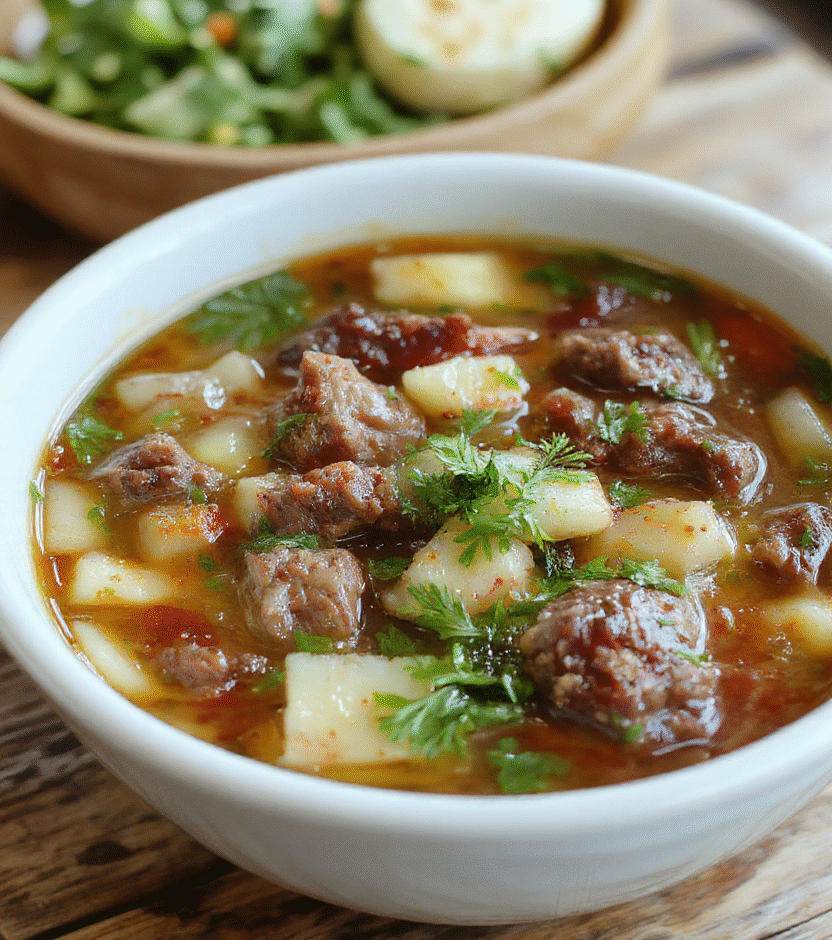 A vibrant bowl of hearty vegetable beef soup featuring chunks of tender beef, colorful carrots, celery, potatoes, and peas, garnished with fresh herbs, all served in a rustic bowl on a wooden table with a cozy kitchen background.