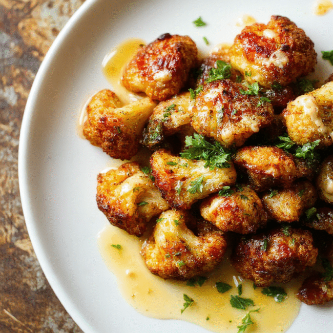 Colorful roasted cauliflower florets drizzled with creamy tahini-honey sauce, plated on a rustic white dish with a sprinkle of herbs, textures of caramelized edges and smooth sauce