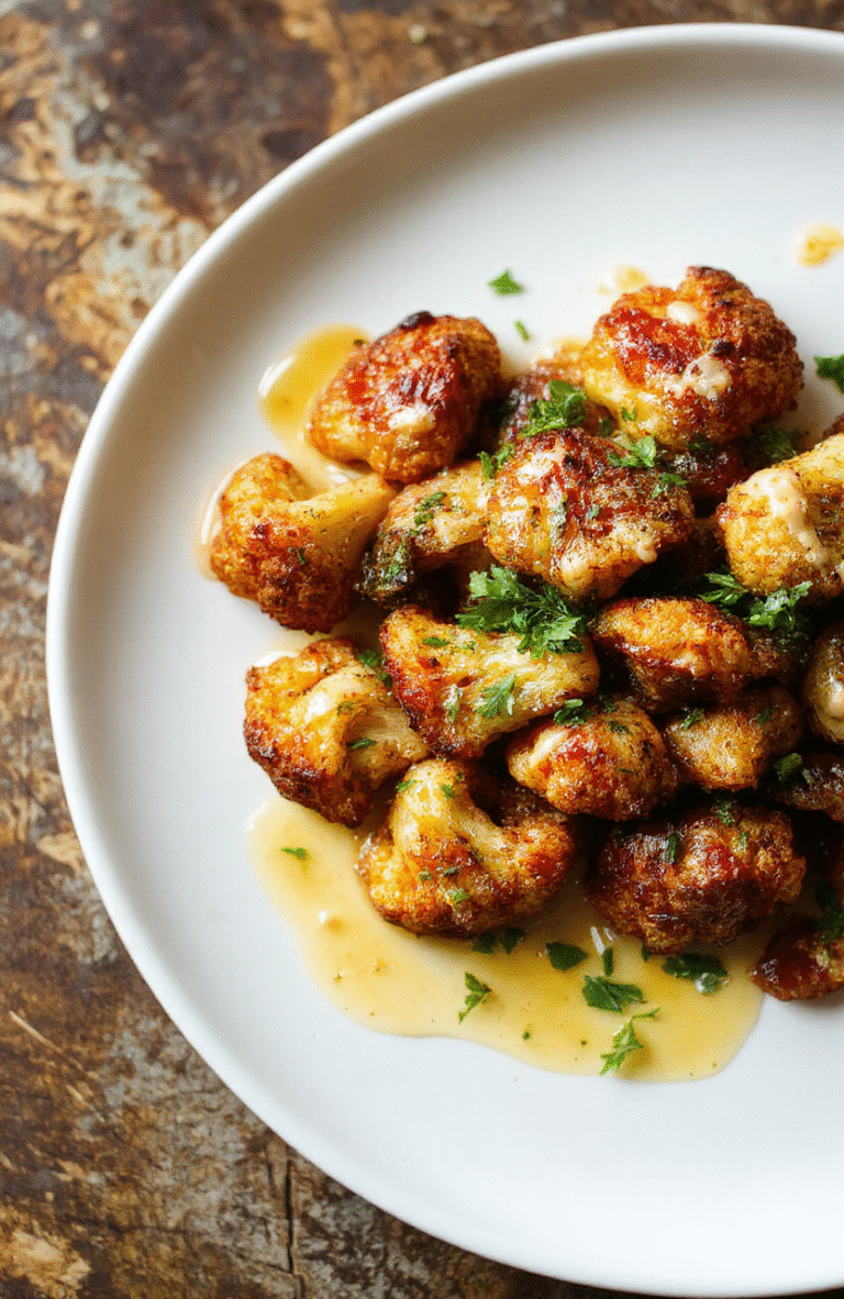 Colorful roasted cauliflower florets drizzled with creamy tahini-honey sauce, plated on a rustic white dish with a sprinkle of herbs, textures of caramelized edges and smooth sauce