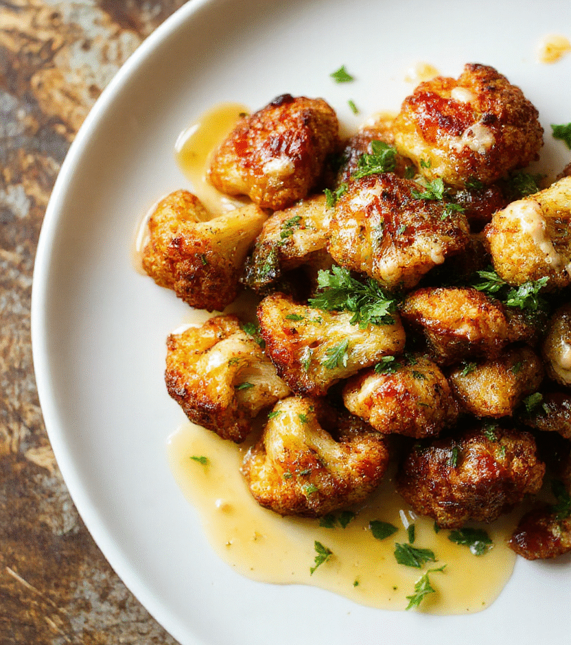 Colorful roasted cauliflower florets drizzled with creamy tahini-honey sauce, plated on a rustic white dish with a sprinkle of herbs, textures of caramelized edges and smooth sauce