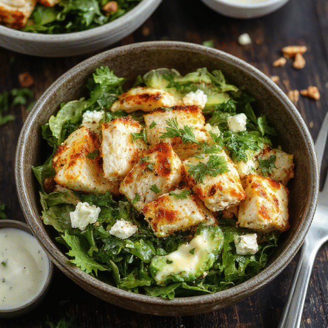 A vibrant plate featuring colorful Greek chicken bowls with grilled chicken, fresh cherry tomatoes, cucumbers, kalamata olives, red onions, and crumbled feta cheese, arranged on a rustic dark wooden surface, styled with a sprinkle of fresh herbs and a drizzle of tzatziki sauce, capturing the textures and bright colors of Mediterranean cuisine