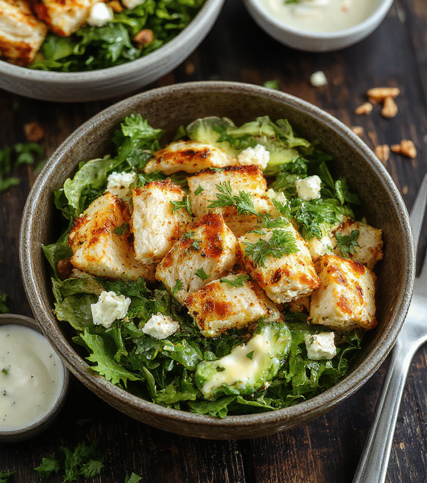 A vibrant plate featuring colorful Greek chicken bowls with grilled chicken, fresh cherry tomatoes, cucumbers, kalamata olives, red onions, and crumbled feta cheese, arranged on a rustic dark wooden surface, styled with a sprinkle of fresh herbs and a drizzle of tzatziki sauce, capturing the textures and bright colors of Mediterranean cuisine