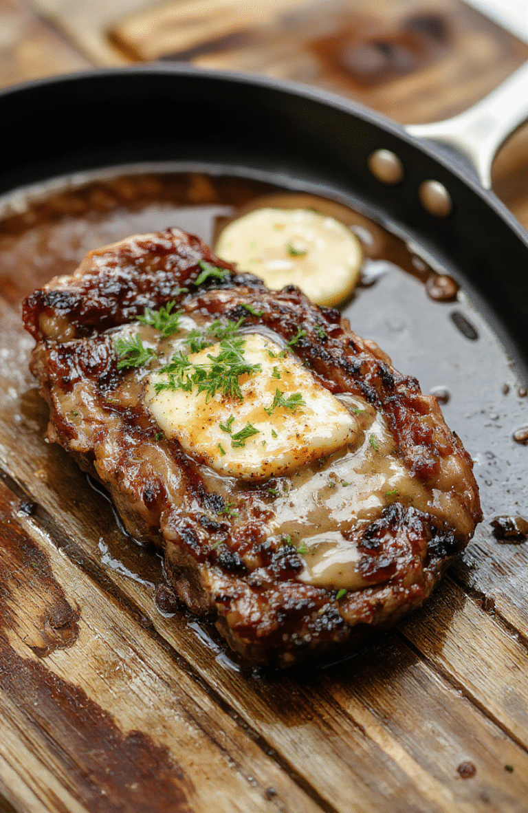 A perfectly seared steak with golden brown crust, topped with a glossy butter sauce, served on a rustic plate with fresh herbs and a side of roasted vegetables, shot in natural daylight with vibrant colors and a casual, appetizing presentation.
