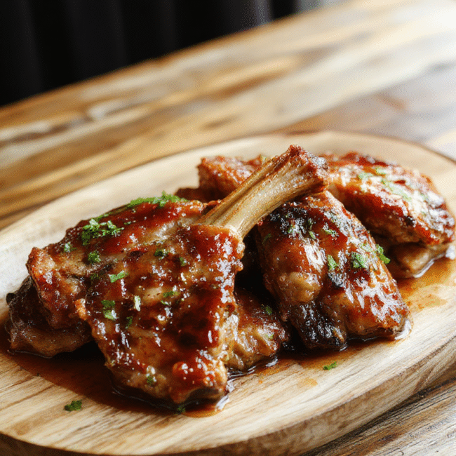Golden-brown boneless pork chops glazed with sticky honey garlic sauce, topped with chopped green onions, arranged on a rustic wooden plate with drizzles of sauce, vibrant and appetizing colors, textured meat, fresh garnish, casual stylish presentation.