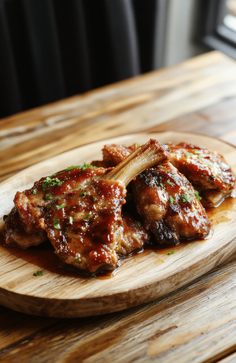Golden-brown boneless pork chops glazed with sticky honey garlic sauce, topped with chopped green onions, arranged on a rustic wooden plate with drizzles of sauce, vibrant and appetizing colors, textured meat, fresh garnish, casual stylish presentation.
