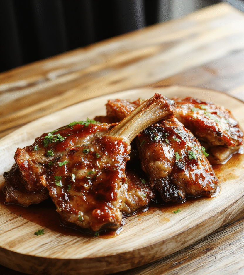 Golden-brown boneless pork chops glazed with sticky honey garlic sauce, topped with chopped green onions, arranged on a rustic wooden plate with drizzles of sauce, vibrant and appetizing colors, textured meat, fresh garnish, casual stylish presentation.