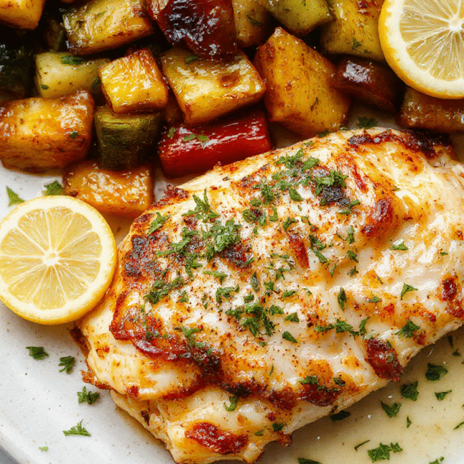 Colorful Greek chicken meal served on a rustic white plate with roasted vegetables, lemon slices, and fresh herbs, styled for a lively, inviting presentation.