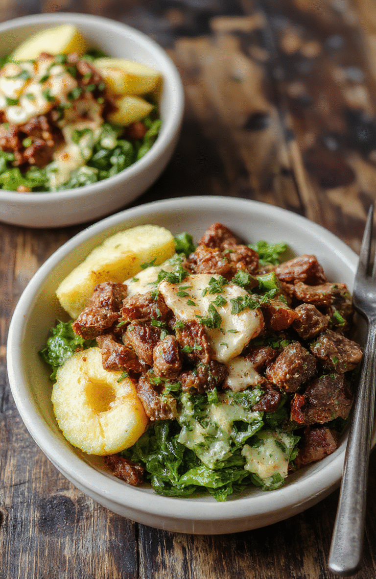 A vibrant bowl featuring thinly sliced grilled steak, melted cheese, colorful peppers, and onions atop crisp lettuce, styled casually on a white ceramic plate with a rustic background, showcasing textures and appetizing colors.
