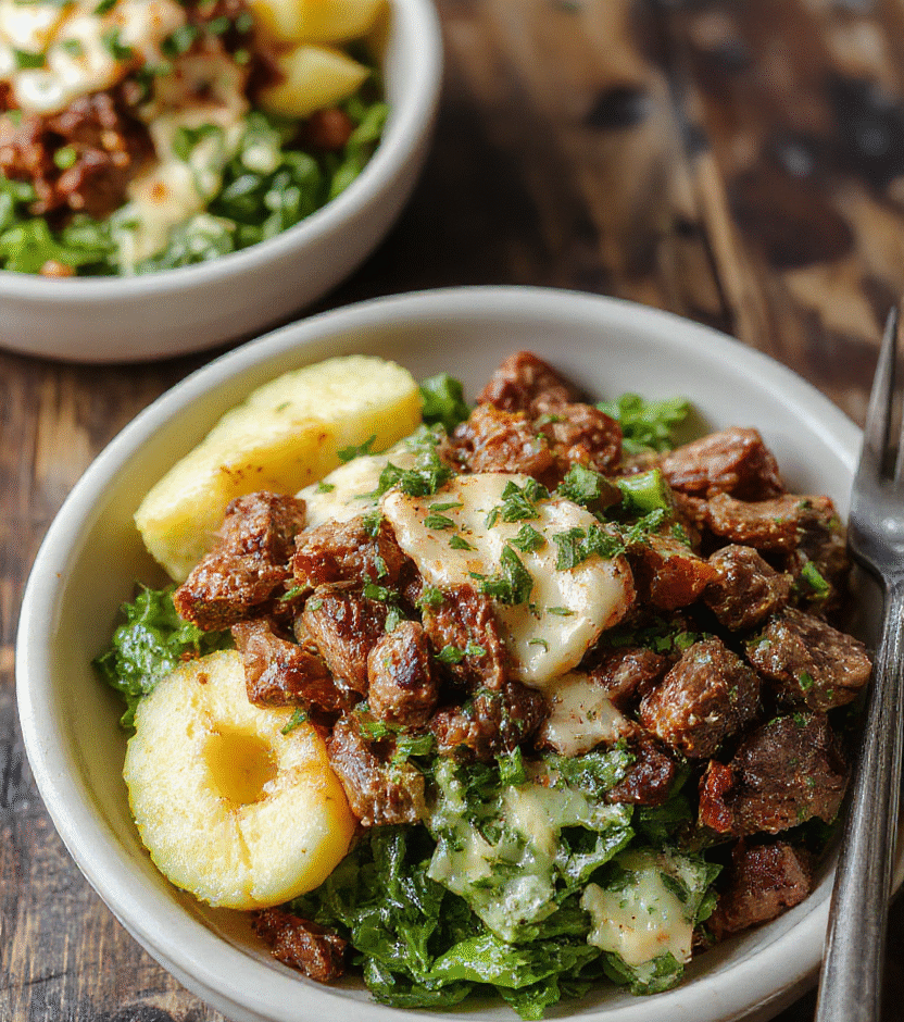 A vibrant bowl featuring thinly sliced grilled steak, melted cheese, colorful peppers, and onions atop crisp lettuce, styled casually on a white ceramic plate with a rustic background, showcasing textures and appetizing colors.