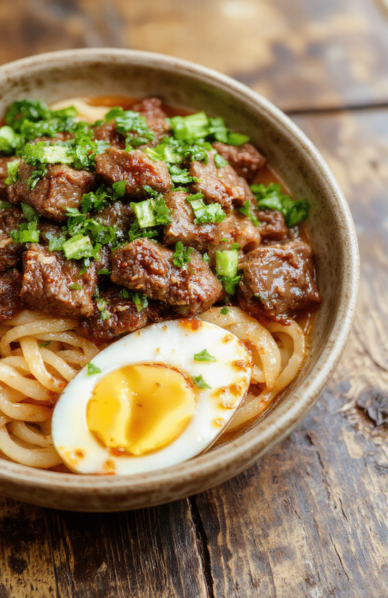 A vibrant plate of Mongolian ground beef noodles featuring tender ground beef mixed with glossy stir-fried noodles, garnished with chopped green onions and sesame seeds, on a rustic wooden surface with colorful vegetables in the background, styled simply for an inviting, homely look.
