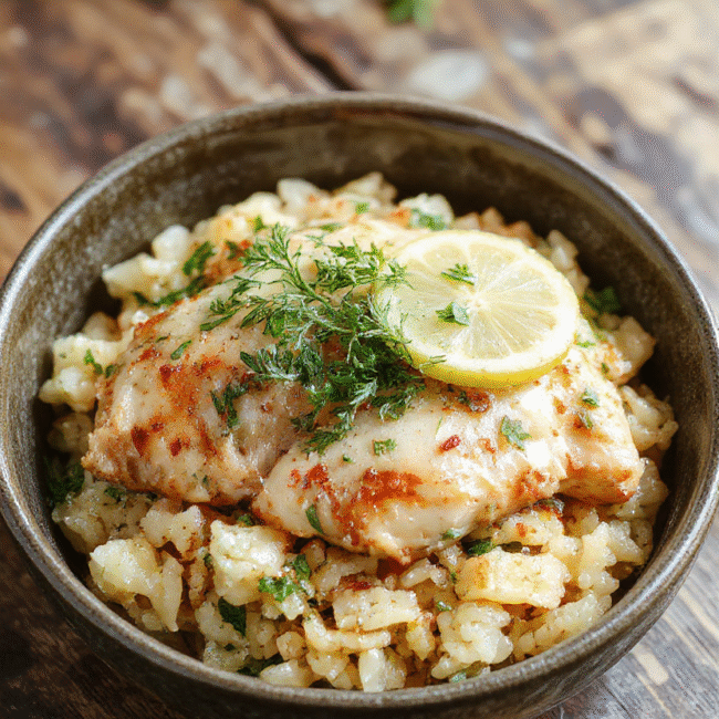 A beautifully plated dish featuring tender shredded chicken with a golden lemon herb crust resting on fluffy white rice, garnished with fresh herbs and lemon wedges, styled on a rustic wooden table with vibrant colors and natural lighting.