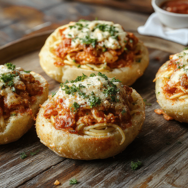 Colorful garlic bread bowls filled with spaghetti, topped with melted cheese, basil, and a drizzle of tomato sauce. The crispy bread crust contrasts with the gooey pasta inside, garnished with fresh herbs, styled on a rustic wooden surface with vibrant lighting highlighting textures.