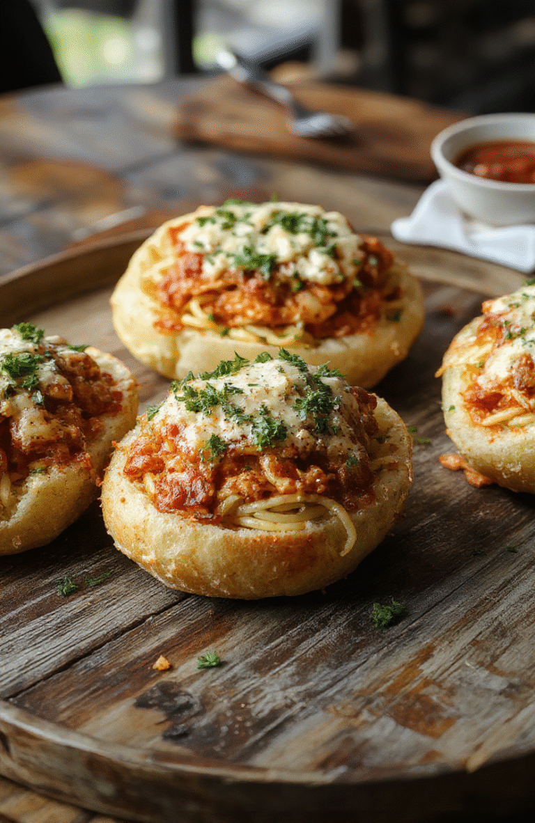 Colorful garlic bread bowls filled with spaghetti, topped with melted cheese, basil, and a drizzle of tomato sauce. The crispy bread crust contrasts with the gooey pasta inside, garnished with fresh herbs, styled on a rustic wooden surface with vibrant lighting highlighting textures.