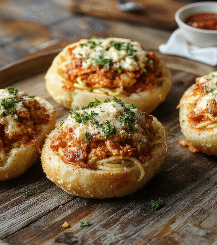 Colorful garlic bread bowls filled with spaghetti, topped with melted cheese, basil, and a drizzle of tomato sauce. The crispy bread crust contrasts with the gooey pasta inside, garnished with fresh herbs, styled on a rustic wooden surface with vibrant lighting highlighting textures.