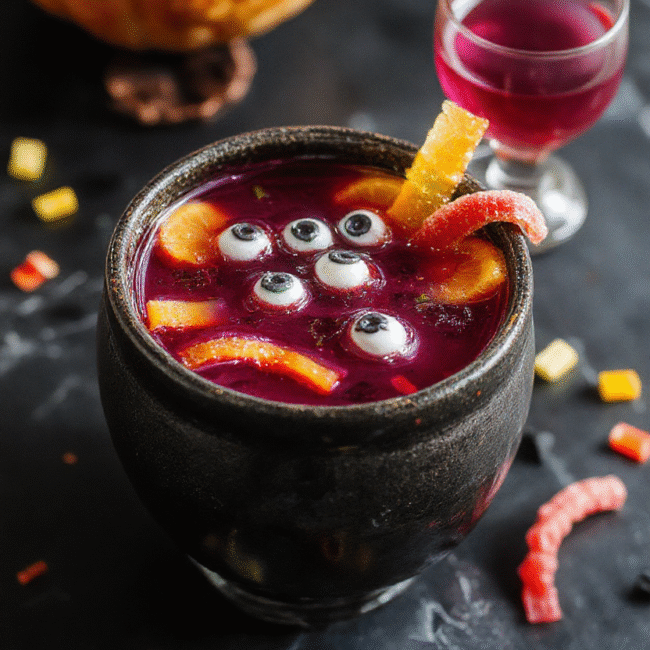 A vibrant spooky Halloween punch in a large glass bowl, bright purple and orange hues, garnished with floating eyes and creepy gummy worms, surrounded by Halloween-themed decorations, with a dark festive background.