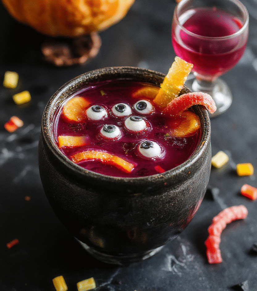 A vibrant spooky Halloween punch in a large glass bowl, bright purple and orange hues, garnished with floating eyes and creepy gummy worms, surrounded by Halloween-themed decorations, with a dark festive background.