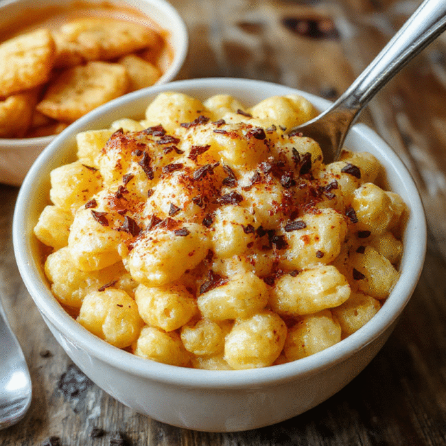 A vibrant bowl of monster-themed mac and cheese with gooey golden cheesy top, decorated with green and black edible eyes, served on a rustic wooden table with Halloween decorations in the background.