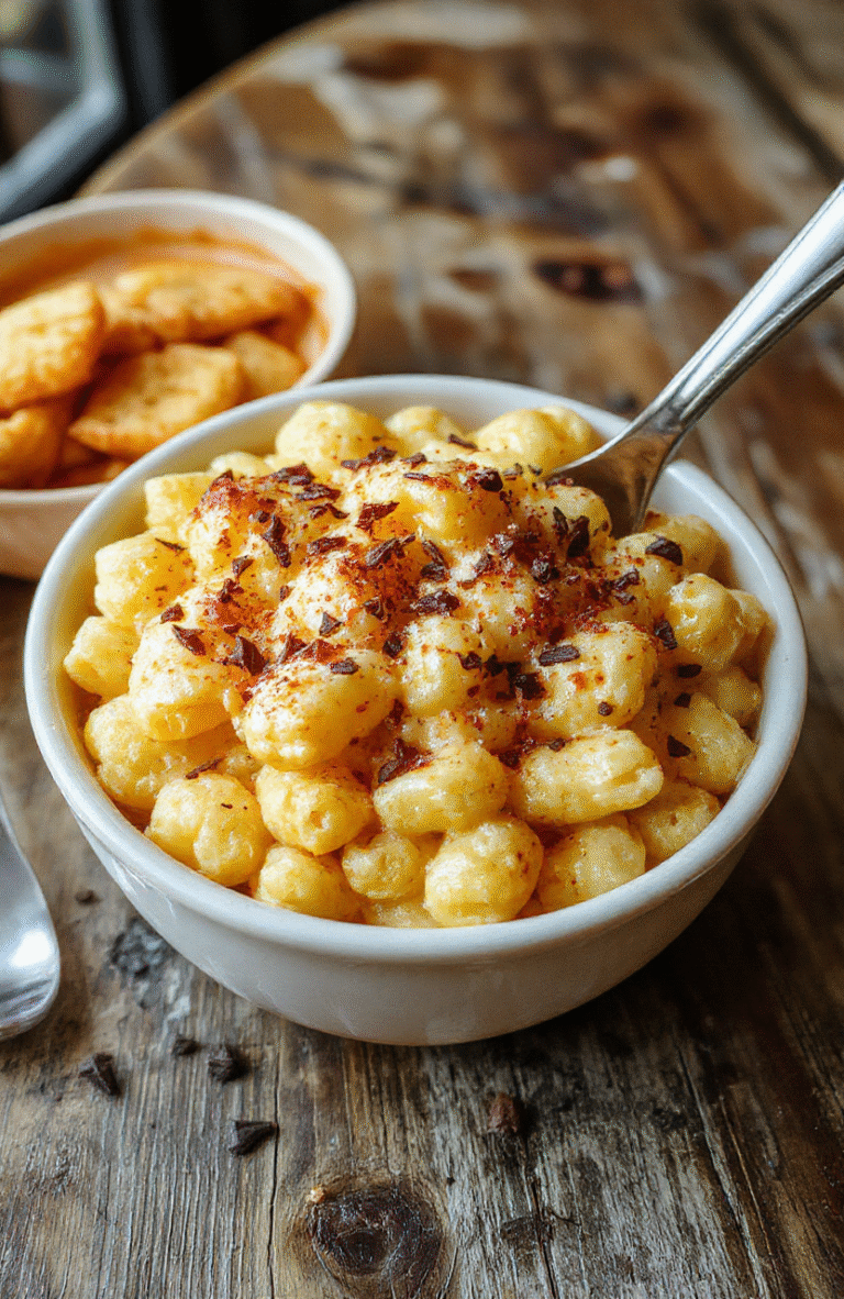 A vibrant bowl of monster-themed mac and cheese with gooey golden cheesy top, decorated with green and black edible eyes, served on a rustic wooden table with Halloween decorations in the background.