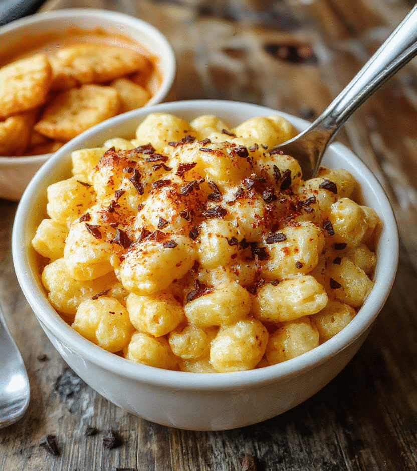A vibrant bowl of monster-themed mac and cheese with gooey golden cheesy top, decorated with green and black edible eyes, served on a rustic wooden table with Halloween decorations in the background.